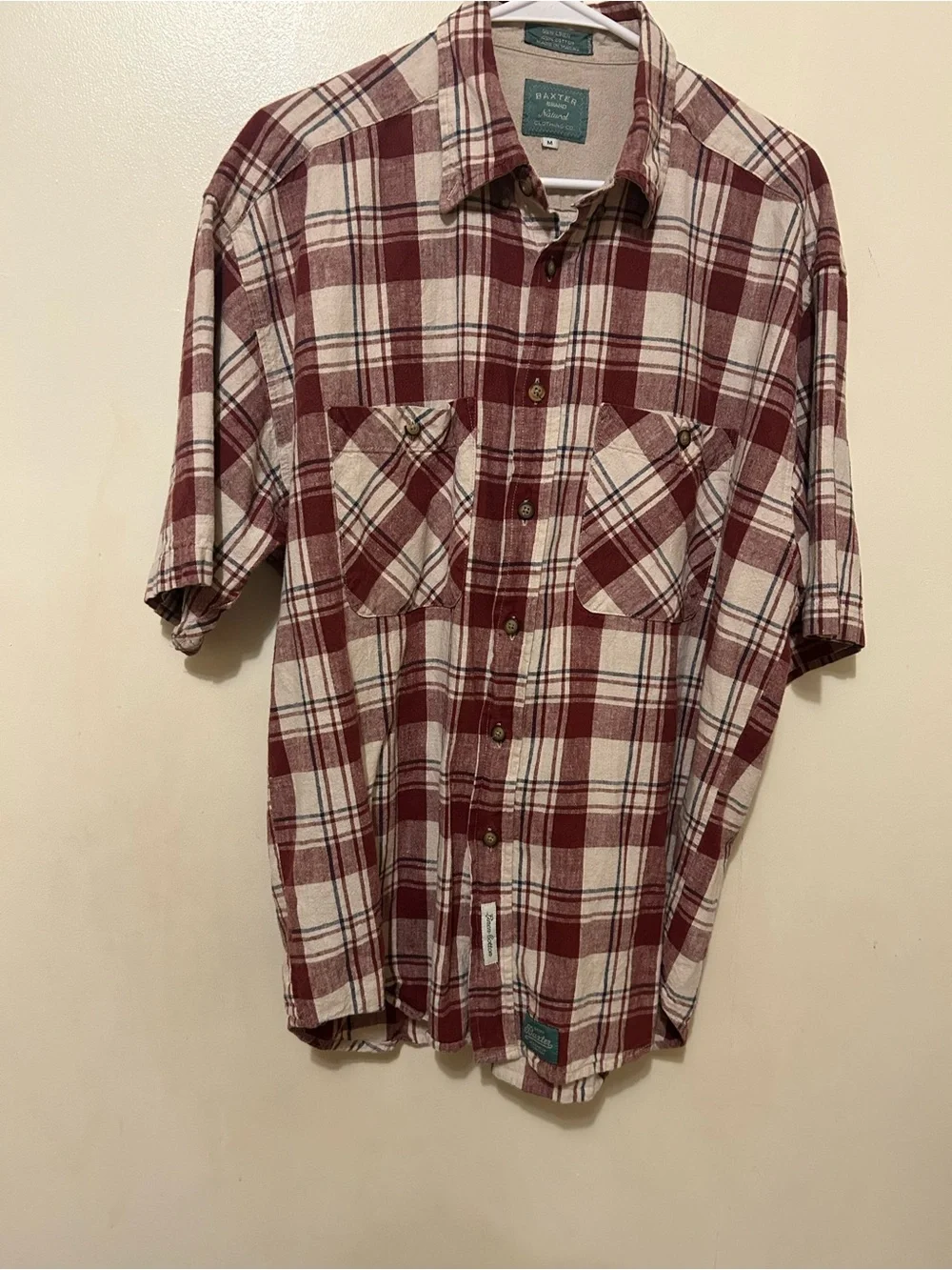 NWOT VTG Baxter Natural Men's Burgundy Plaid Short-Sleeve Cotton Linen Shirt M